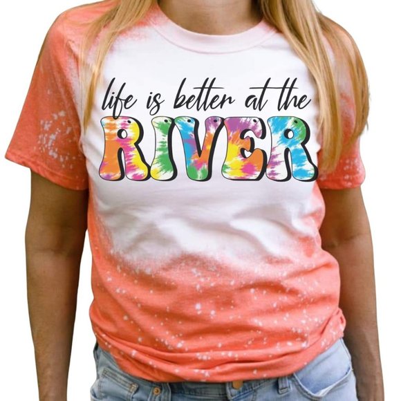 Life Is Better At The River Orange Bleached Short Sleeve Graphic Unisex T-Shirt - Picture 1 of 4